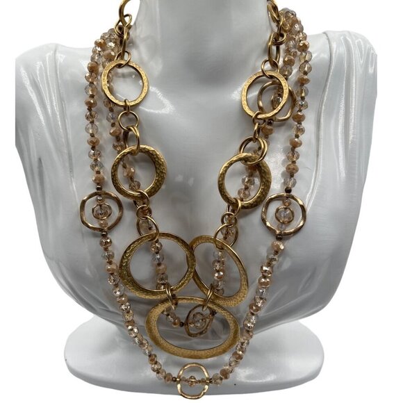 Gold & Crystal Beaded Multi-Layer Necklace With Large Hammered Rings  M07 - Picture 1 of 7